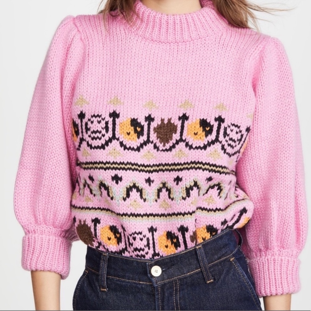 Ganni Hand Knit Pink Wool Puff Sleeve Sweater